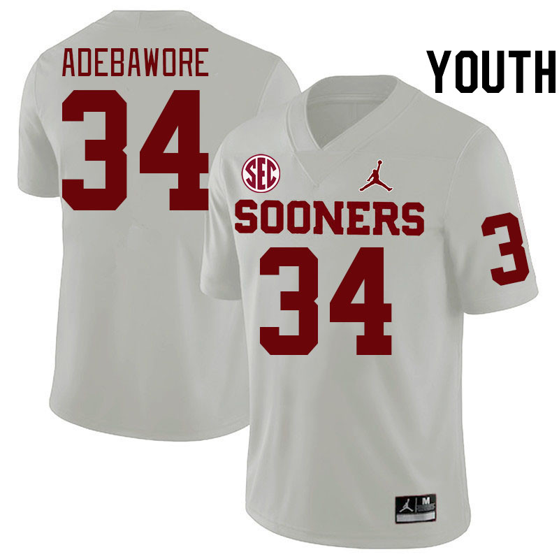 Youth #34 Adepoju Adebawore Oklahoma Sooners 2024 SEC Conference College Football Jerseys-White